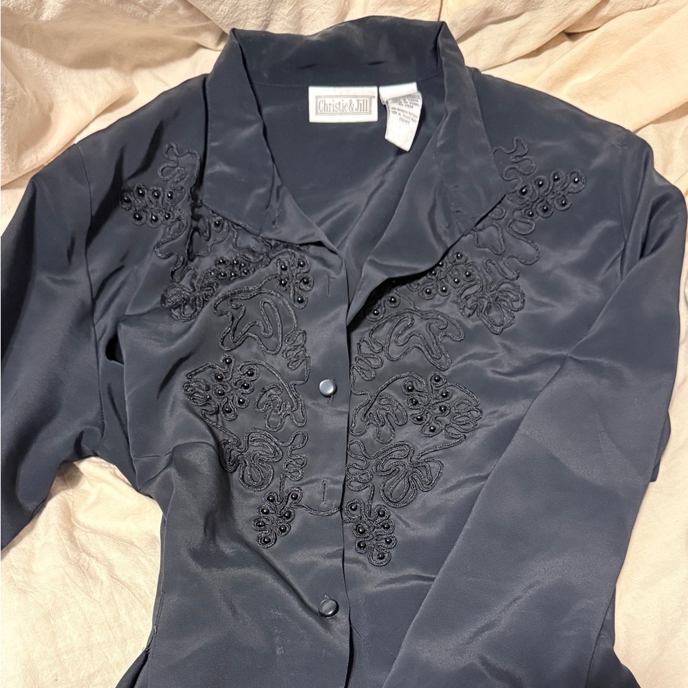 Vintage Black button up with embroidered/beaded details